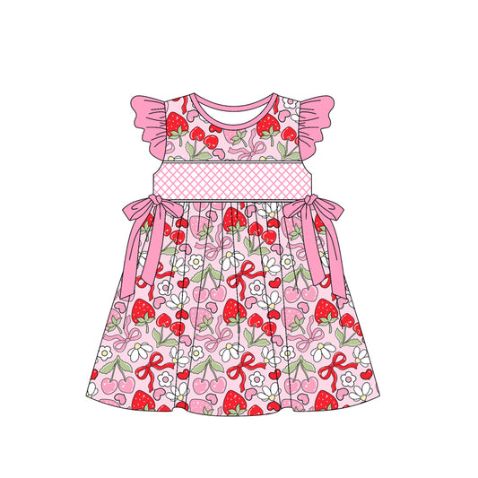 Pink flutter sleeves strawberry bow kids girls dresses