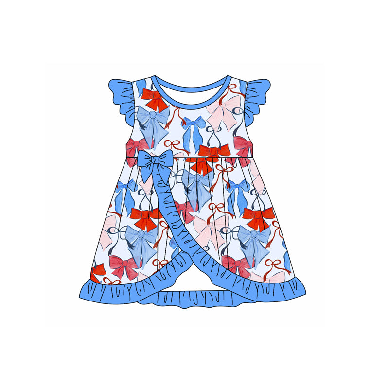 Flutter sleeves red blue bow girls 4th of july dresses