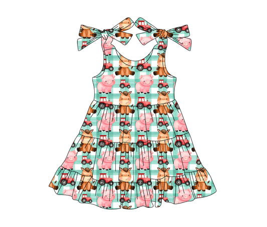 Green plaid straps pig tractors girls patchwork farm dress