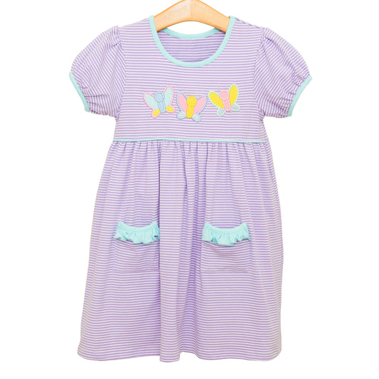 Short sleeves lavender stripe butterfly girls dresses