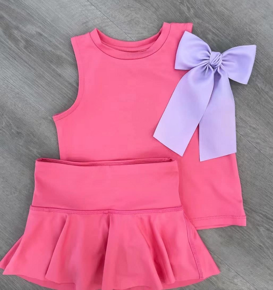 Sleeveless pink top skirt girls active wear set