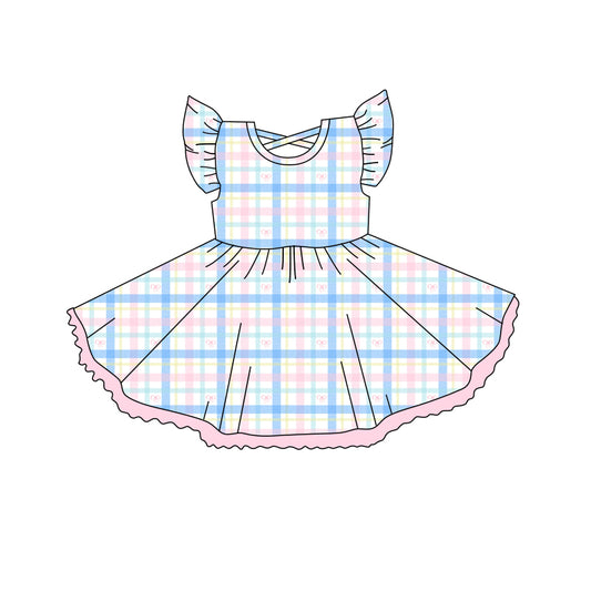 Flutter sleeves pink blue plaid bow kids girls summer dress