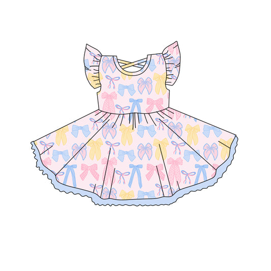Flutter sleeves pink blue bow kids girls summer dress