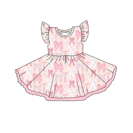Flutter sleeves pink white bow kids girls summer dress