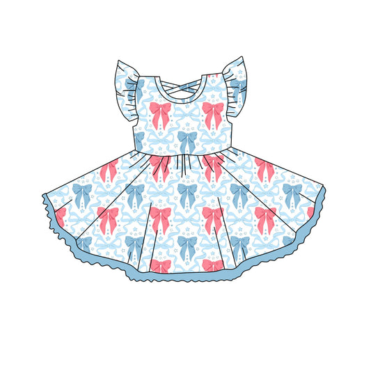 Flutter sleeves pink light blue bow kids girls summer dress