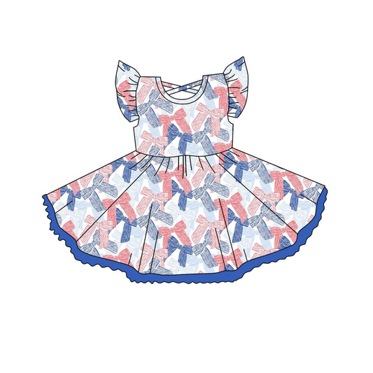 Flutter sleeves red blue bow kids girls 4th of july dress