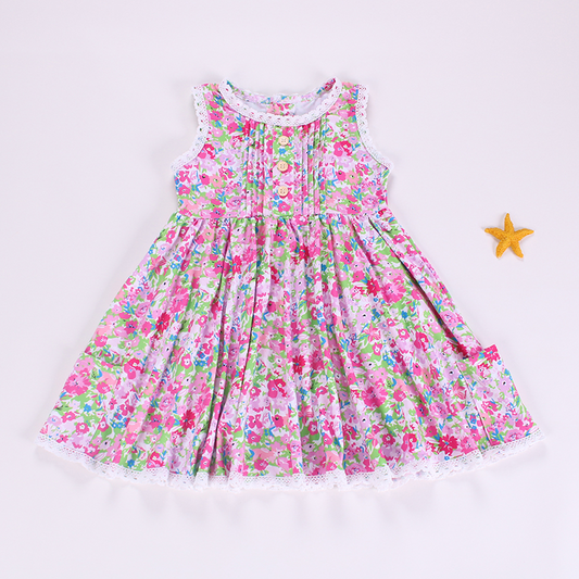Sleeveless pink floral pockets baby girls dress