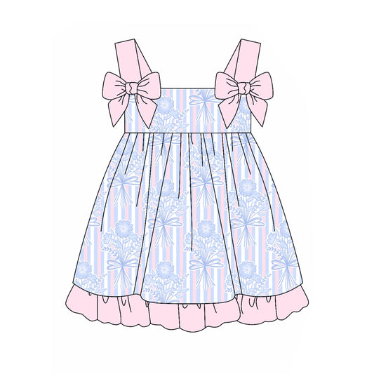 Straps stripe floral ruffle kids girls summer dress