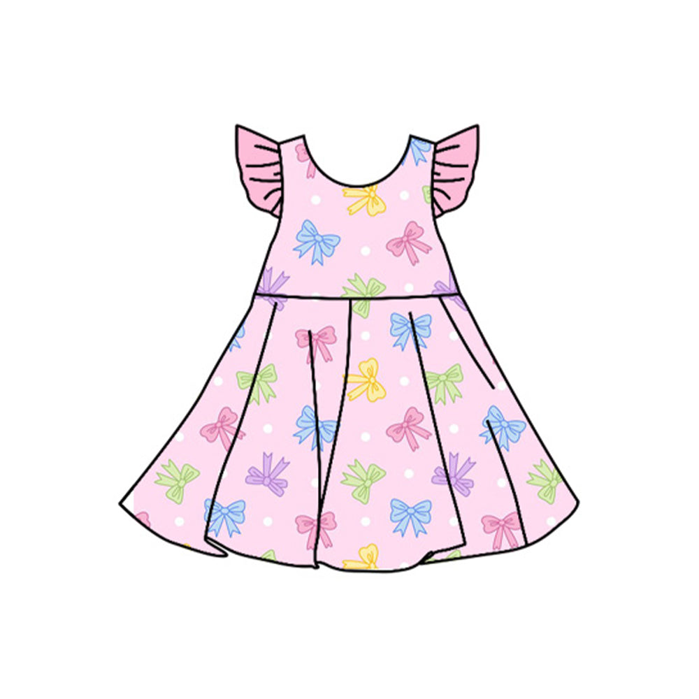 Pink flutter sleeves colorful bow baby girls summer dress