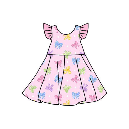 Pink flutter sleeves colorful bow baby girls summer dress