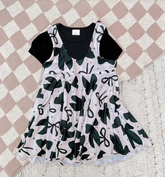 Short sleeves black top suspender bow dress girls clothes
