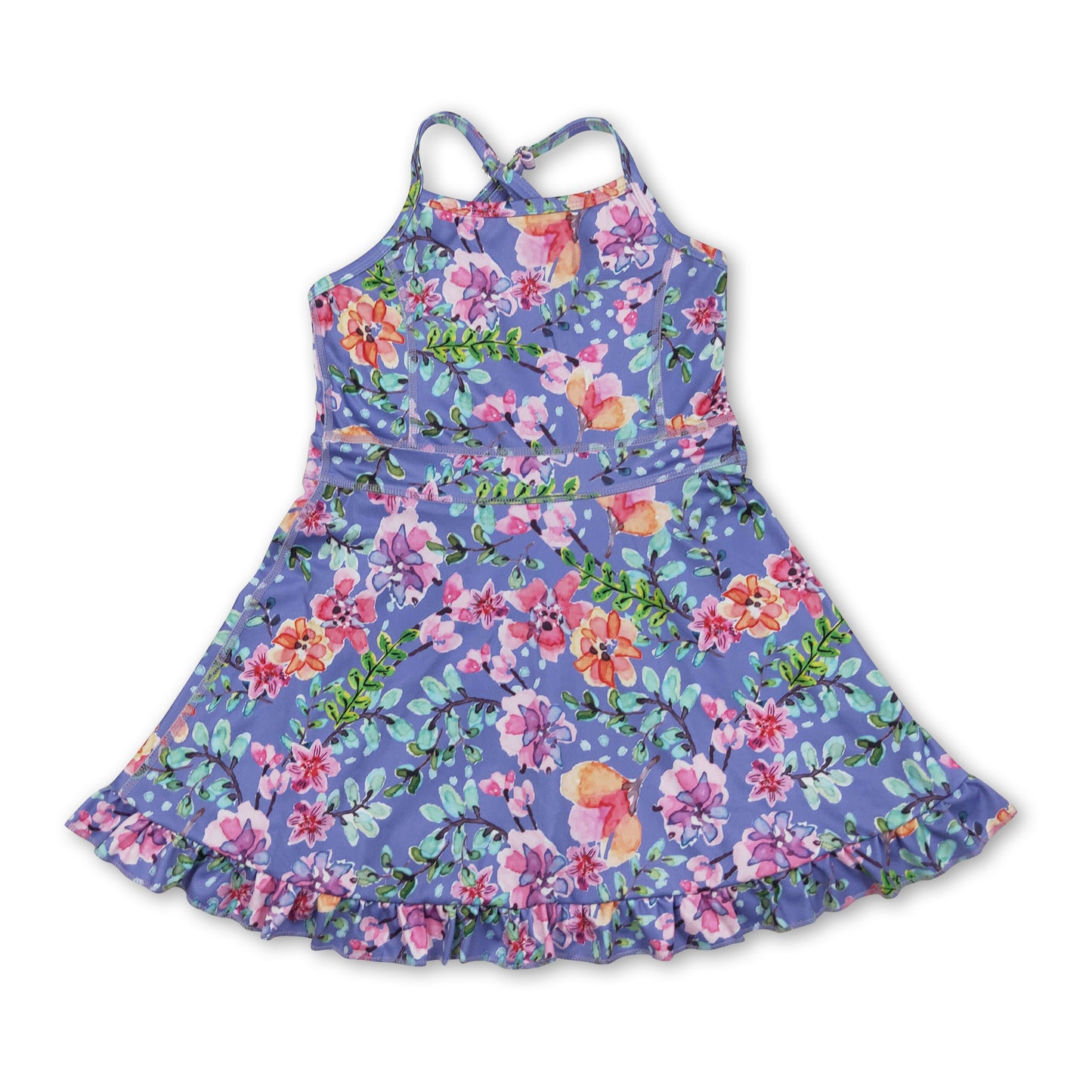 Straps light blue floral ruffle kids girls athletic dresses