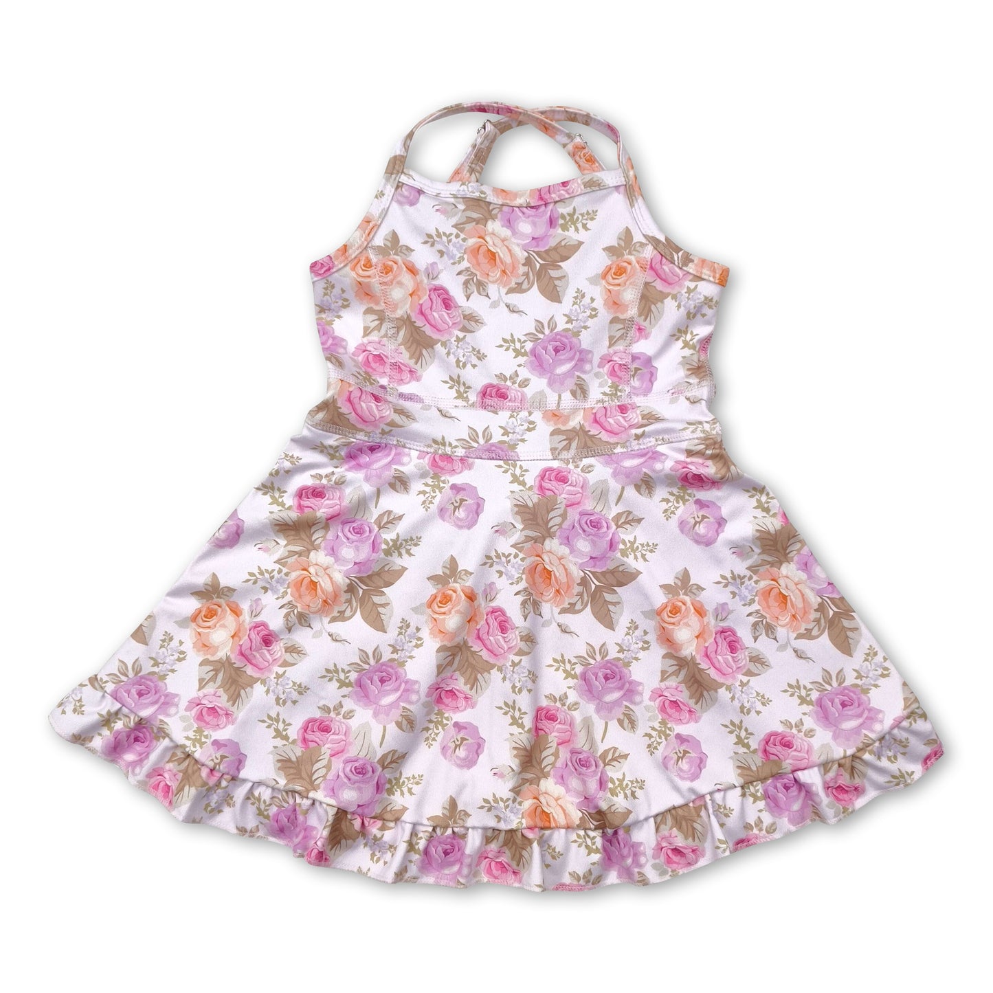 Straps pink yellow floral ruffle kids girls athletic dresses