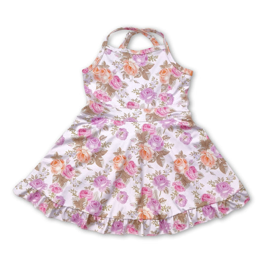 Straps pink yellow floral ruffle kids girls athletic dresses