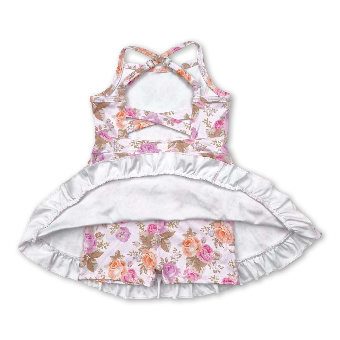 Straps pink yellow floral ruffle kids girls athletic dresses