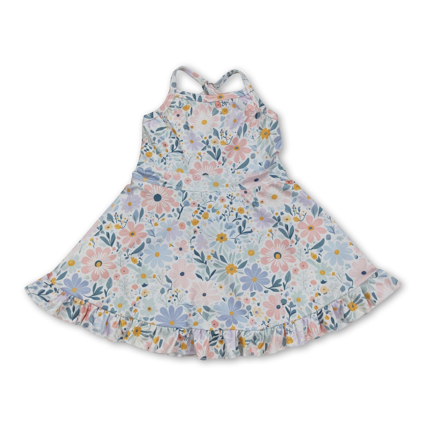 Straps pink green floral ruffle kids girls athletic dresses