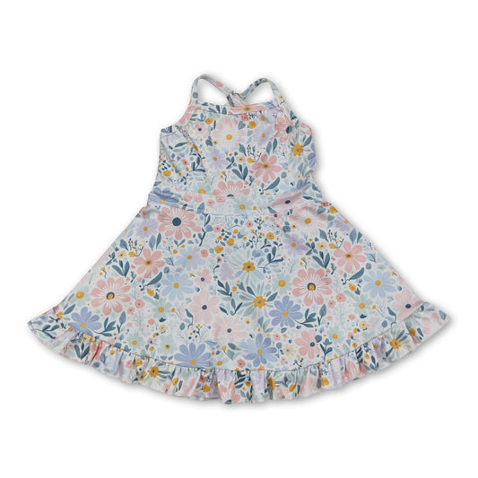 Straps pink green floral ruffle kids girls athletic dresses