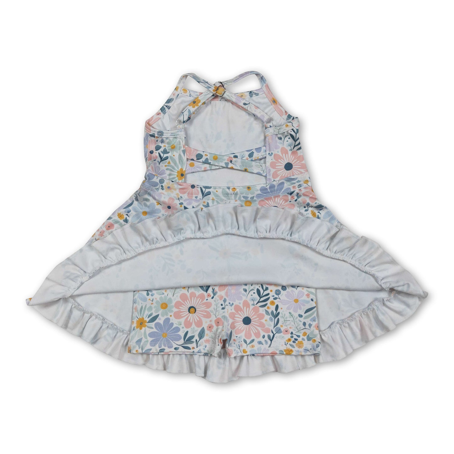 Straps pink green floral ruffle kids girls athletic dresses