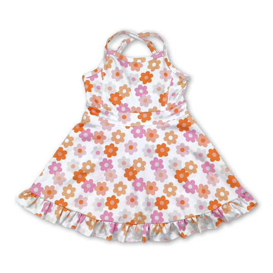 Straps pink brown floral ruffle kids girls athletic dresses