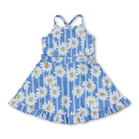 Straps blue white floral ruffle kids girls athletic dresses