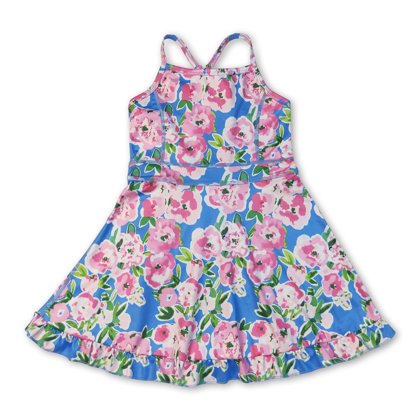 Straps blue pink floral ruffle kids girls athletic dresses