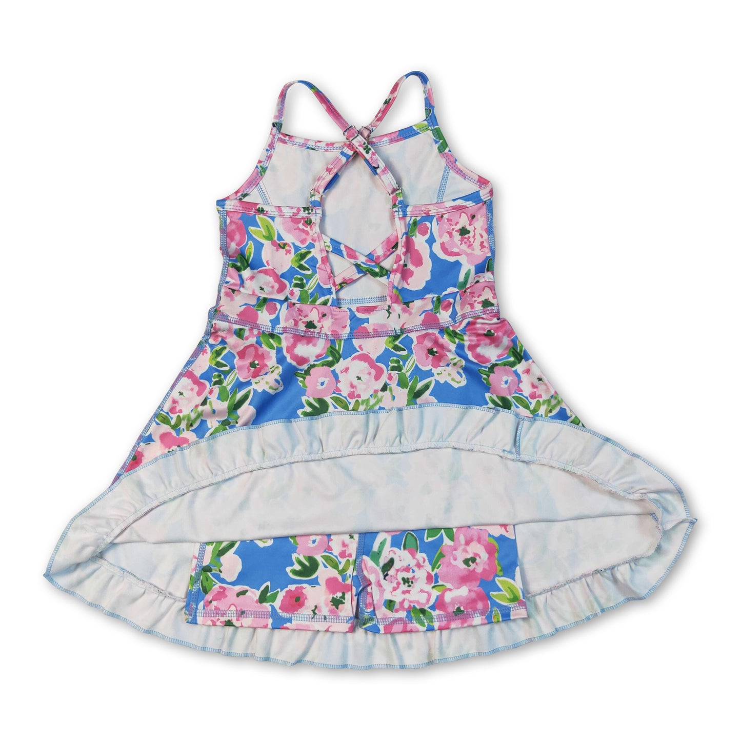 Straps blue pink floral ruffle kids girls athletic dresses