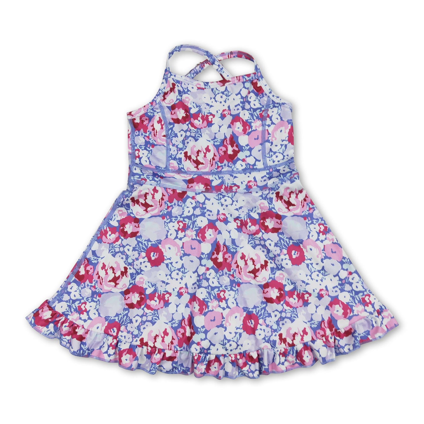 Straps dark pink floral ruffle kids girls athletic dresses