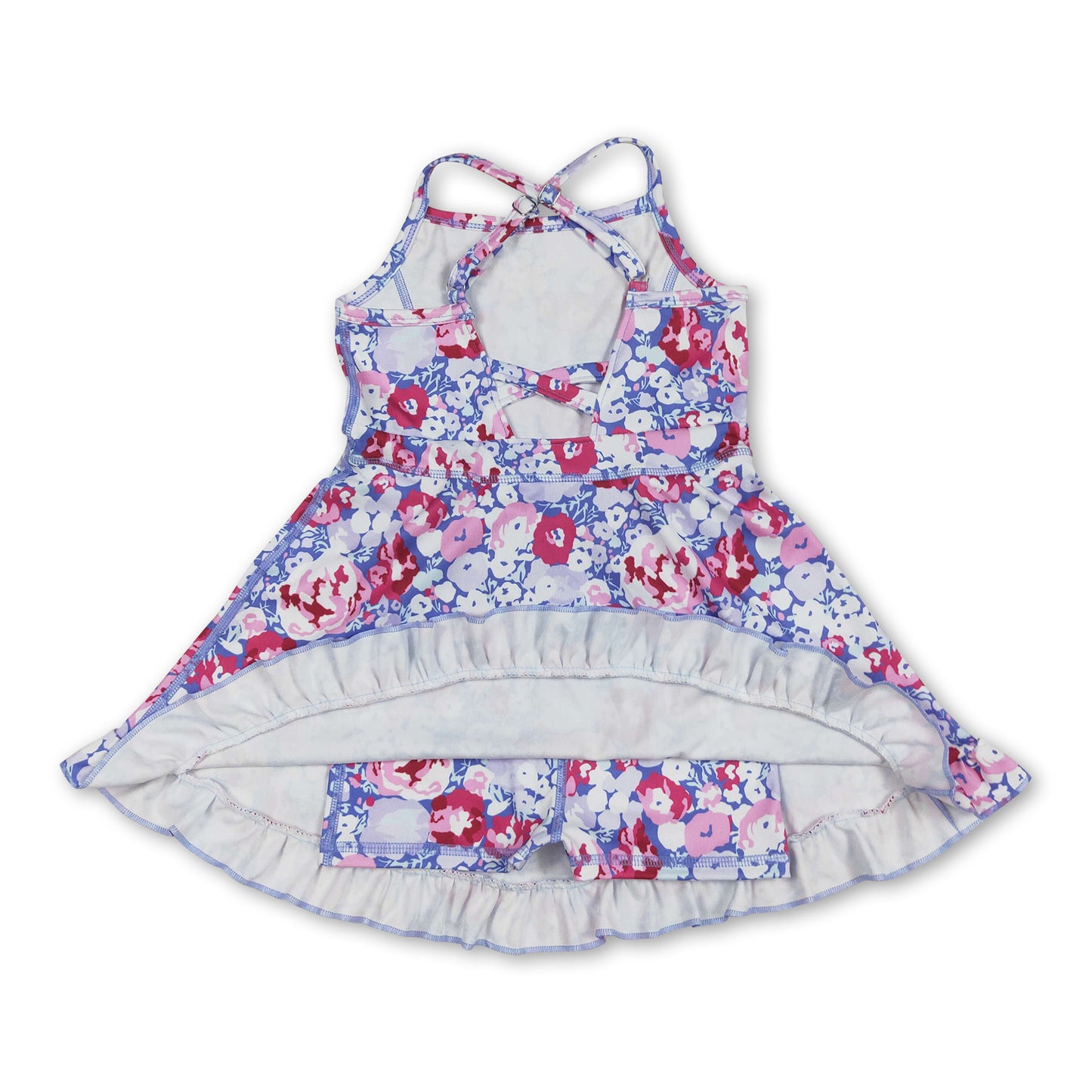 Straps dark pink floral ruffle kids girls athletic dresses