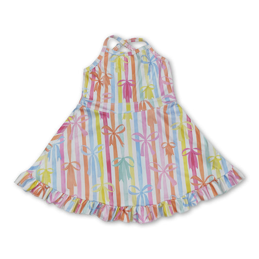 Straps colorful stripe bows ruffle kids girls athletic dresses