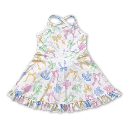 Straps colorful bows ruffle kids girls athletic dresses