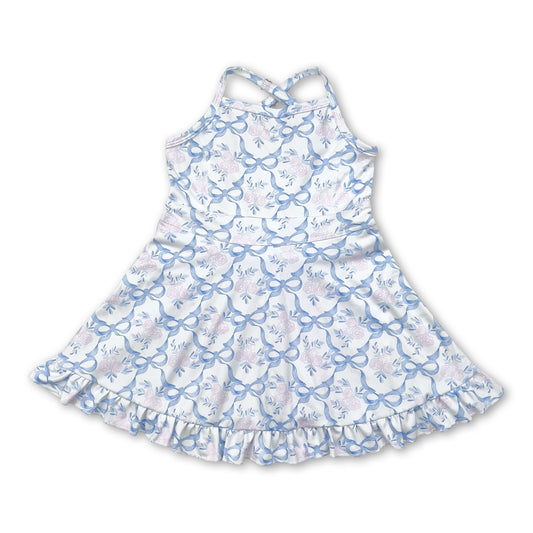 Straps blue bows floral ruffle kids girls athletic dresses