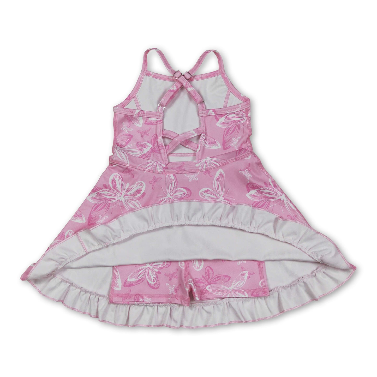 Straps pink butterfly ruffle kids girls athletic dress