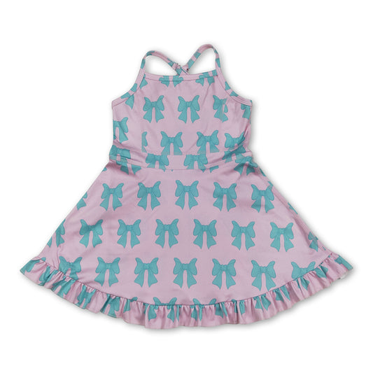 Straps pink green bow ruffle kids girls athletic dress