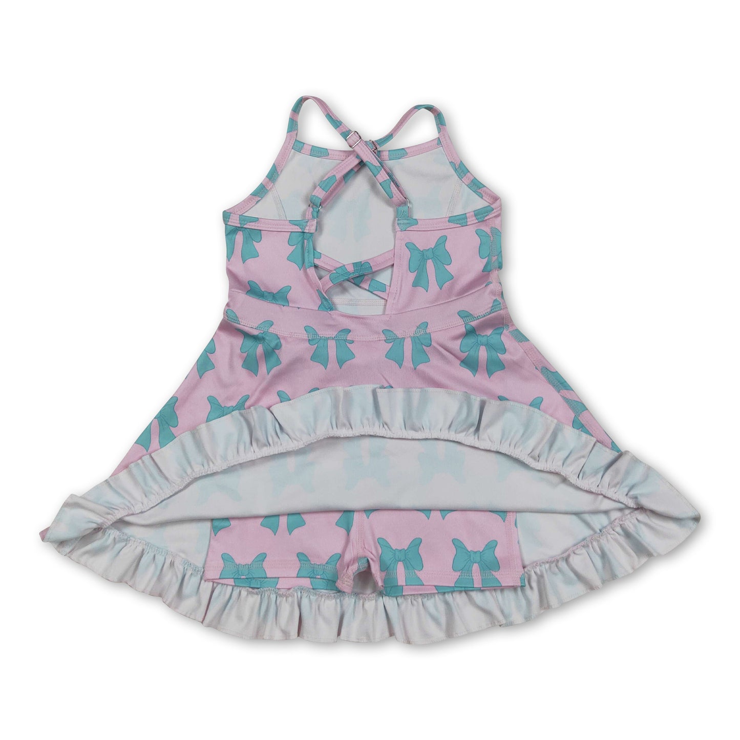 Straps pink green bow ruffle kids girls athletic dress
