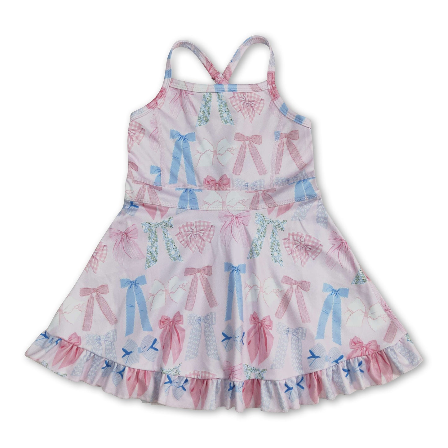 Straps light pink colorful bow ruffle kids girls athletic dress