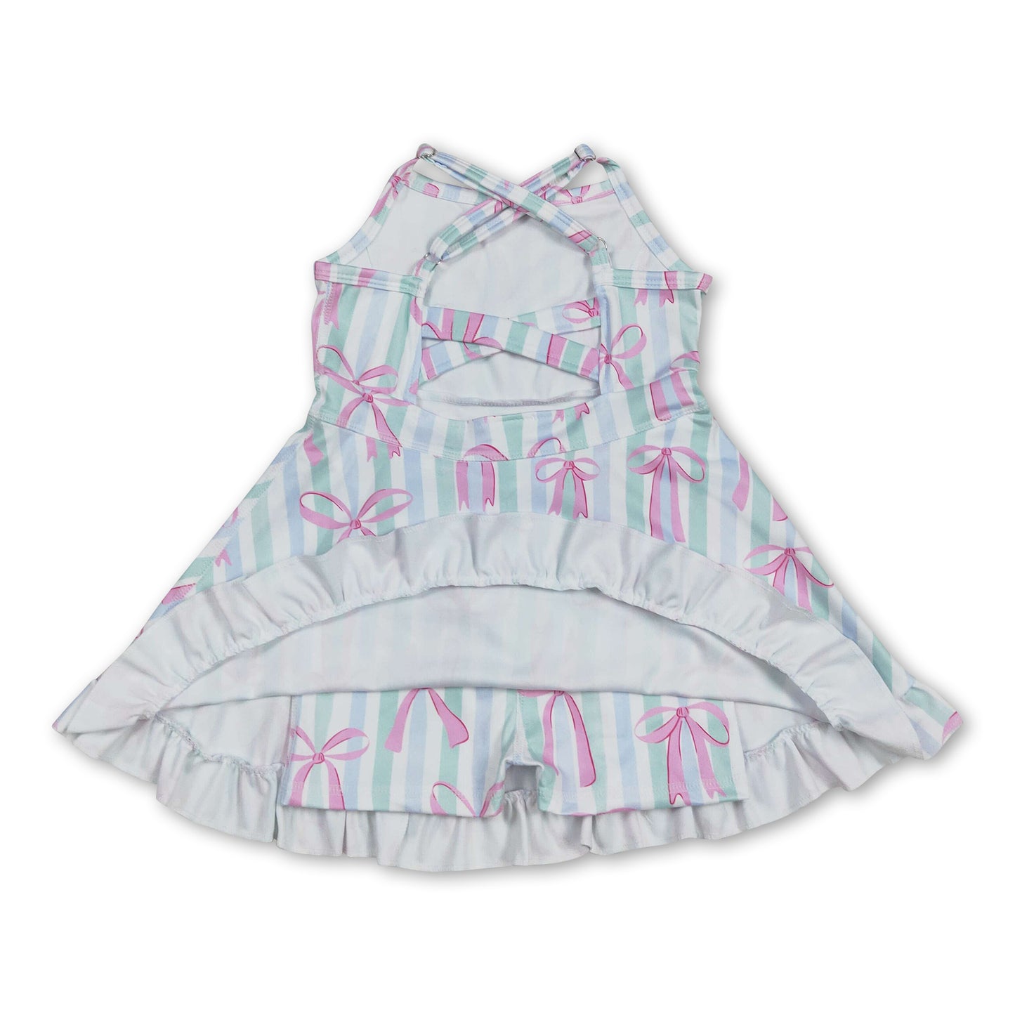 Straps stripe pink bows ruffle girls athletic dress