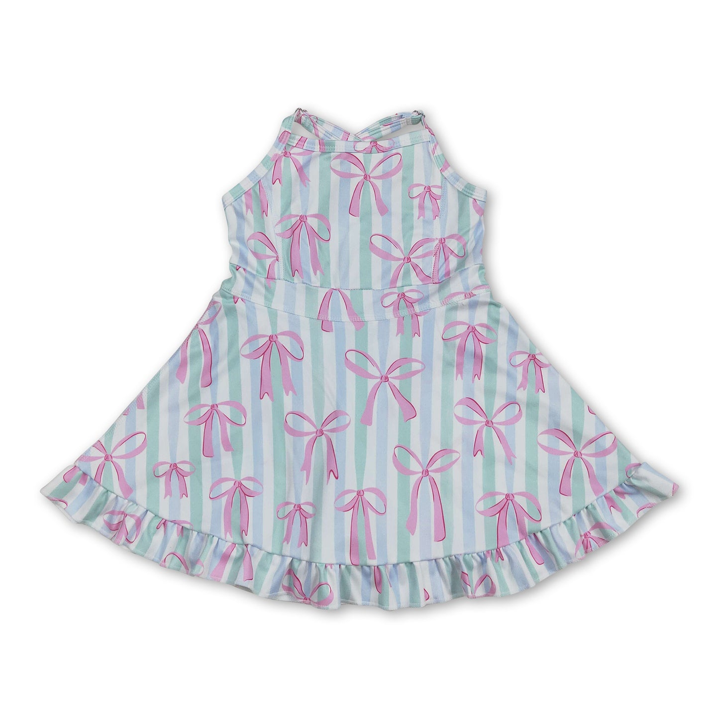Straps stripe pink bows ruffle girls athletic dress