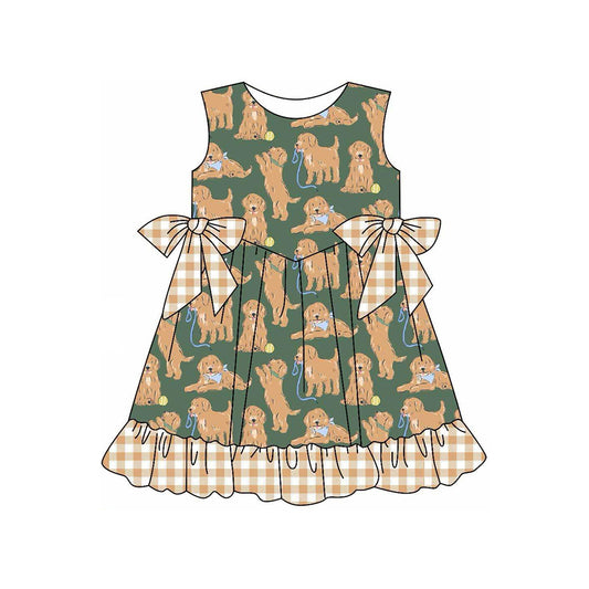 Sleeveless khaki plaid ruffle dog baby girls summer dresses