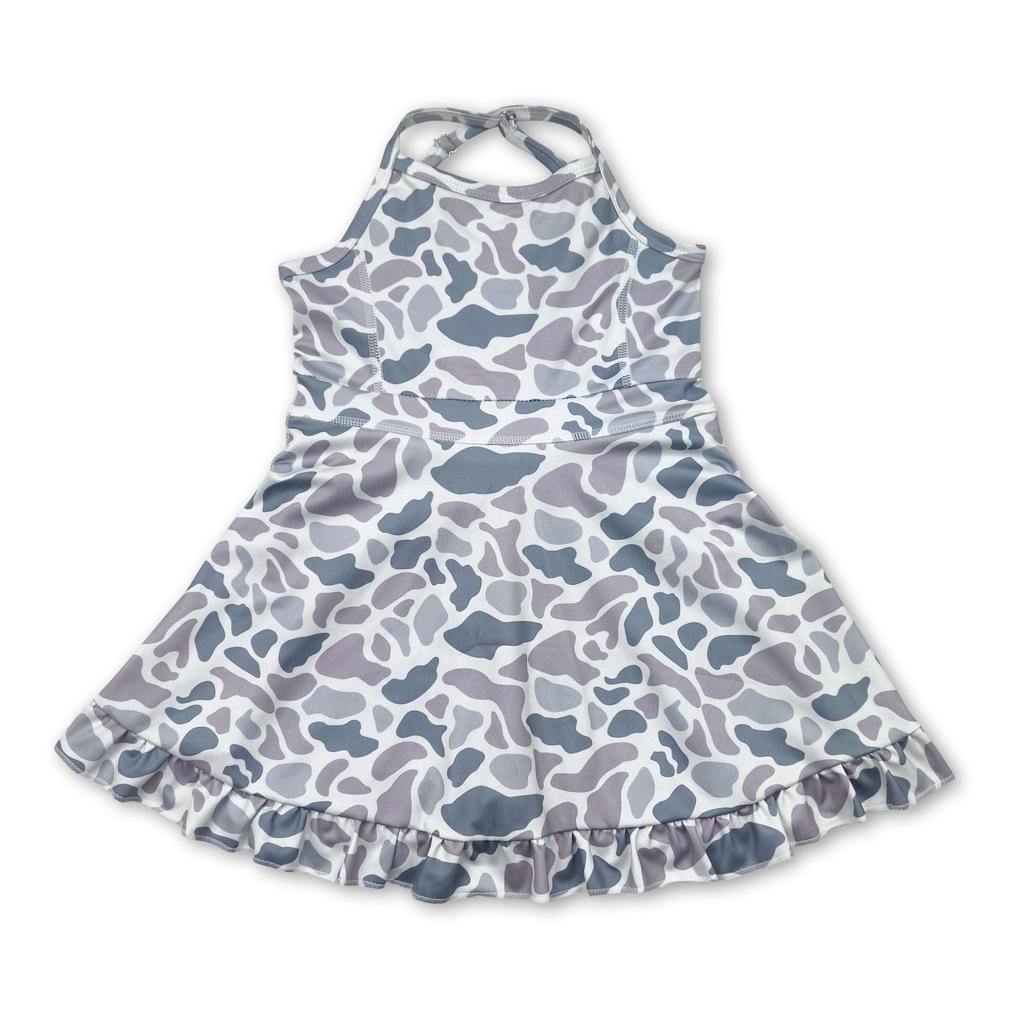 Grey camo straps ruffle girls athletic dress
