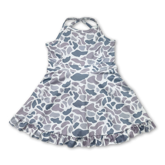 Grey camo straps ruffle girls athletic dress