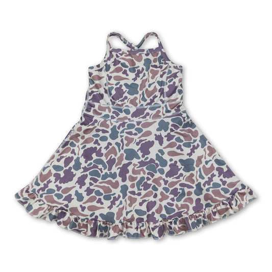 Purple camo straps ruffle girls athletic dress