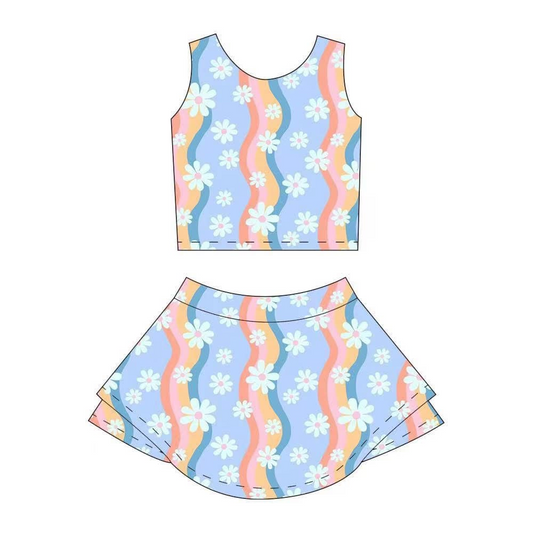 Sleeveless white floral top skirt kids girls active wear set
