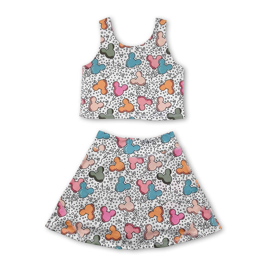 Sleeveless mouse balloon top skirt kids girls active wear set
