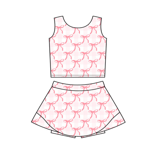 Sleeveless pink bow plaid top skirt kids girls active wear