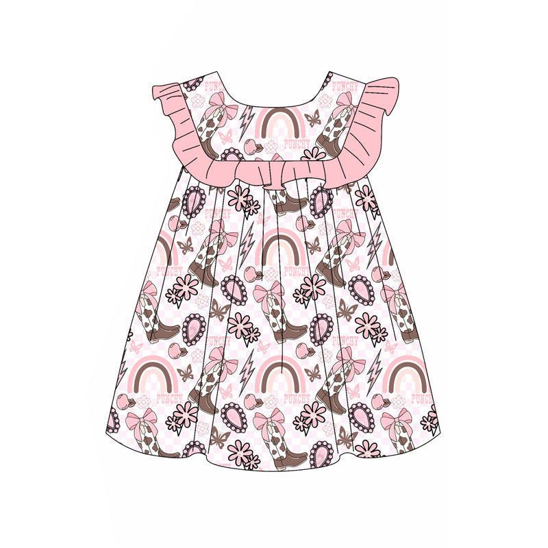 Pink ruffle boots bow rainbow western girls dresses