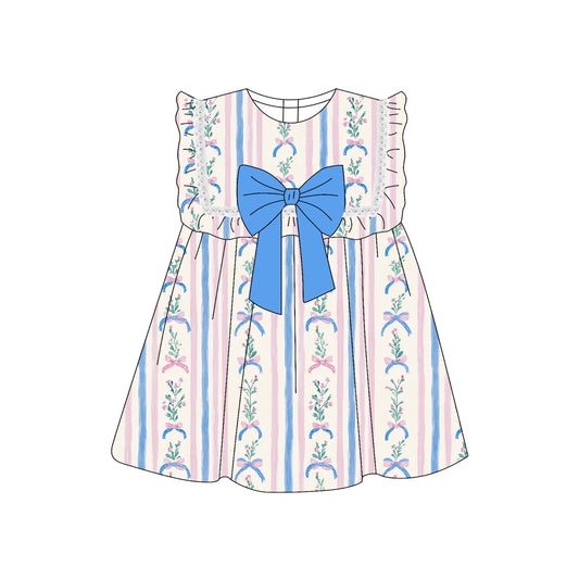 Blue bow ruffle floral baby girls summer dresses