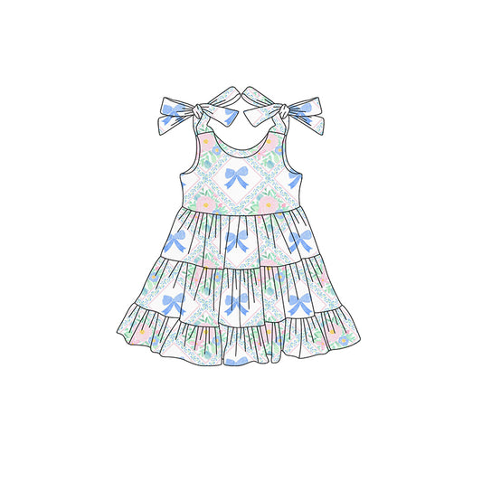 Light blue bow floral patchwork kids girls dresses