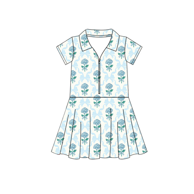 Floral light blue bow zipper kids girls polo athletic dress
