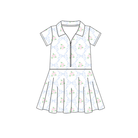 Light blue bow floral zipper kids girls polo athletic dress
