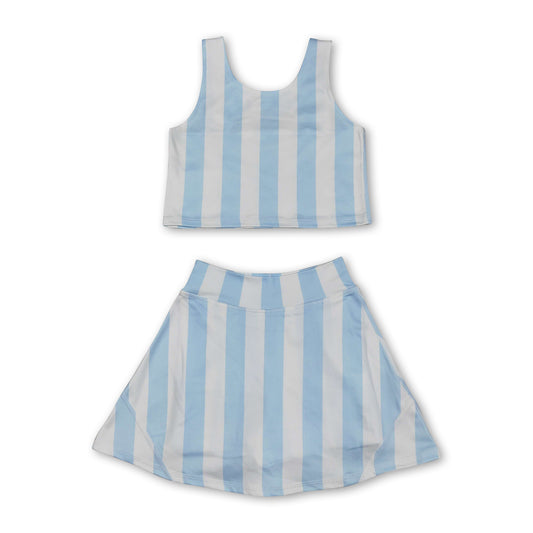 Light blue stripe top skirt kids girls activewear clothes
